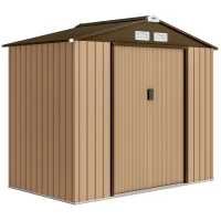 Outsunny Abrigo de Jardim 2,42 m² 213x130x185 cm Abrigo de Jardim Metálico com Porta Deslizante Ventilação e Kit de Fundação Castanho(m-1)