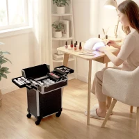 HOMCOM Maleta de Maquillaje Profesional con Ruedas Mango 2 Bandejas Compartimento Inferior Negro(m-4)