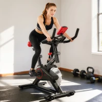 HOMCOM Vélo d'appartement vélo de Fitness avec écran LCD multifonctions capteur de fréquence cardiaque selle et guidon réglables poids volant inertie 6 Kg acier noir et rouge(m-10)
