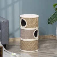 PawHut Tonneau à gratter pour chat arbre à chat sisal naturel et herbiers marins recouvert de peluche 37,5 x 37,5 x 70 cm kaki et café(m-10)