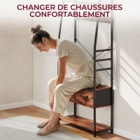 HOMCOM Meuble d'entrée 6 en 1 portemanteau tringle à vêtements étagère 2 tiroirs 10 crochet 80 x 30 x 180 cm brun rustique(m-6)