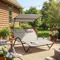 Outsunny Chaise longue bain de soleil transat avec auvent oreiller et roulettes en acier et polyester crème(m-10)