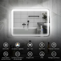 HOMCOM Miroir salle de bain Bluetooth avec éclairage LED 50 x 70 cm, miroir lumineux mural avec horloge, antibuée, argenté(m-4)