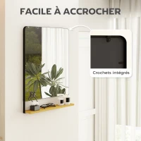 HOMCOM Miroir mural 80 x 60 cm avec étagère en bois, miroir rectangulaire moderne avec cadre en métal, noir(m-5)