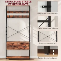 HOMCOM Meuble d'entrée 6 en 1 portemanteau tringle à vêtements étagère 2 tiroirs 10 crochet 80 x 30 x 180 cm brun rustique(m-7)