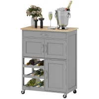 HOMCOM Modern Kitchen Trolley, Rolling Island Storage Cart with Drawer, 9-bottle Wine Rack, Door Cabinets, Wooden Countertop, Grey(m-11)