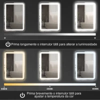 HOMCOM Espelho Casa de Banho com Luzes LED 60x80 cm Função Antiembaciamento 3 Temperaturas de Cor Ajustável e Função de Memória(m-6)