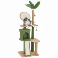 PawHut Cat Tree for Indoor Cat Large Adult with Green Leaves, 55 Inch Cat Tower with Cat Scratching Posts, Cat Condo, Scratching Pad, Ramp, Two Dangling Balls, Green(m-11)