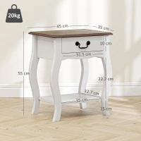 HOMCOM Comodino con Cassetto e Ripiano Aperto in Stile Francese in Legno, 45x35x55 cm, Bianco e Rovere(m-3)