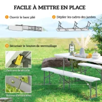 Outsunny Banc de jardin Lot de 2 bancs pliants avec poignée de Transport en Métal et HDPE 182 x 28 x 42 cm Blanc(m-7)