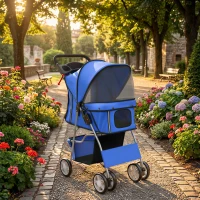 PawHut Carrinho Dobrável para Cães com Faixas Refletoras Rodas Giratórias Freios e Almofada Lavável Azul(m-5)