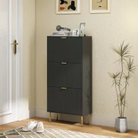 HOMCOM Mueble zapatero para 18 pares con 3 cajones abatibles, puertas acanaladas y estantes ajustables, 60x24x128 cm, negro(m-6)