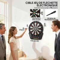 HOMCOM Cible Jeu de flechettes électronique Professionnel 27 jeux 243 variations - Fléchettes pour 1 à 16 joueurs, 6 fléchettes et 24 pointes souples, convient pour les fêtes et les soirées de jeu(m-4)