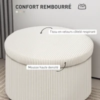 HOMCOM Pouf coffre rangement, tabouret rond, pouf repose-pieds en velours côtelé, charge 120 Kg, Ø 60 x 41 cm, beige(m-5)
