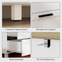 HOMCOM Cassettiera 6 Cassetti Moderna in Truciolato, Legno di Pino e MDF, 120x38x71 cm, Bianco e color Legno(m-6)