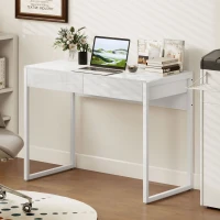 HOMCOM Bureau avec 2 tiroirs, table d'ordinateur 100 x 50 cm, bureau moderne pied en acier, pour petits espaces, blanc brillant(m-10)