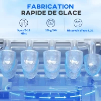 HOMCOM Machine à glaçons, 12kg en 24h, 9 glaçons en 6-12 minutes, ice maker avec poignée, panier et pelle, 22,2x29,4x29cm, noir(m-4)