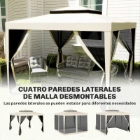Outsunny Carpa de Jardín 3x3 m Cenador Gazebo con 4 Mosquiteras Laterales Techo Doble 8 Orificios de Drenaje Marco de Metal Beige(m-7)