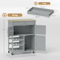 HOMCOM Modern Kitchen Trolley, Rolling Island Storage Cart with Drawer, 9-bottle Wine Rack, Door Cabinets, Wooden Countertop, Grey(m-3)