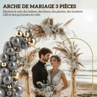 Outsunny Lot de 3 supports d'arche de fond en métal doré pour mariage, 2,2 m, 2 m, 1,8 m, arche de mariage fête d'anniversaire(m-4)