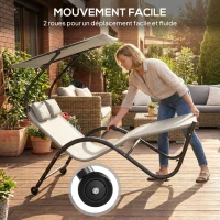 Outsunny Chaise longue bain de soleil transat avec auvent oreiller et roulettes en acier et polyester crème(m-5)