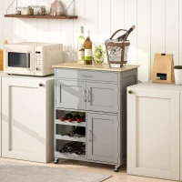 HOMCOM Modern Kitchen Trolley, Rolling Island Storage Cart with Drawer, 9-bottle Wine Rack, Door Cabinets, Wooden Countertop, Grey(m-7)