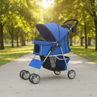 PawHut Carrinho Dobrável para Cães com Faixas Refletoras Rodas Giratórias Freios e Almofada Lavável Azul(m-4)