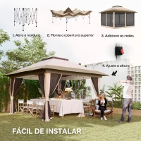 Outsunny Tenda Dobrável 3,6x3,6 m com Laterais de Rede UPF50+ Altura Ajustável Bolsa com Rodas e Sacos de Areia Bege(m-4)