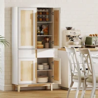 HOMCOM Buffet haut cuisine, armoire de cuisine avec 4 portes, 2 tiroirs et étagères réglables, 80x35x170cm, blanc et chêne(m-10)