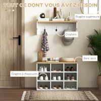 HOMCOM Ensemble meuble d'entrée 2-en-1 porte-manteau mural banc à chaussures 3 crochets et 9 niches 75x30x50cm blanc et chêne(m-4)