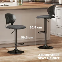 HOMCOM Set 2 Scaune de Bar Reglabile, Scaune de Bucătărie Înalte din Material Textil cu Efect de In cu Spătar, Suport pentru Picioare și Șezut Moale, Cadru Metalic, Scaune Rotative la 360°, Negru(m-6)