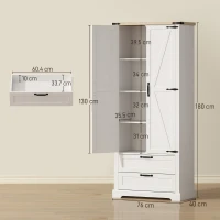 HOMCOM Bufet înalt pentru bucătărie, dulap de bucătărie cu 2 uși, 2 sertare, rafturi reglabile, stil rustic, 76x40x180cm, alb(m-3)