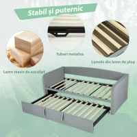 HOMCOM Cadru Pat 90/180x190 cm, Canapea Pat Extensibilă Convertibilă în Pat Dublu, Tapițerie, Cotiere, 2 Buzunare, Șipci din Plop, pentru Cameră de Zi sau Oaspeți, Gri Deschis(m-7)