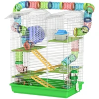 PawHut Cușcă pentru Hamsteri cu 5 Niveluri, Tuburi Colorate, Roată, Căsuță și Accesorii, 47x30x59 cm, Verde(m-10)