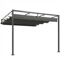 Outsunny Pergola Addossata 3x3 m con Tetto Retrattile Scorrevole UV30+ e Fori di Drenaggio, Grigio Scuro(m-1)