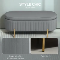 HOMCOM Banc de rangement, bout de lit en velours avec couvercle, pieds en métal, capacité 72 L, 108x44x43,5cm, gris(m-5)