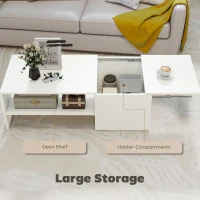 HOMCOM Măsuță de Cafea din Lemn cu Blat Glisant și Raft Deschis și Ascuns, 110x52x36 cm, Alb(m-5)