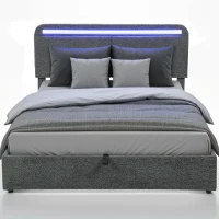 HOMCOM Lit coffre 140 x 190 cm avec éclairage LED, tête de lit réglable, cadre de lit double, sommier à lattes en bois, gris(m-1)