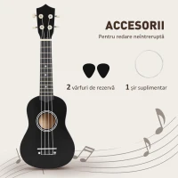 HOMCOM Ukulele Soprano de 21 Inchi pentru Începători, din Lemn cu Corzi din Nailon, Pană și Coardă de Rezervă, Negru(m-6)