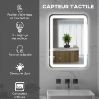 HOMCOM Miroir de salle de bain rectangulaire LED fonction anti-buée luminosité réglable fonction mémoire 70 x 50 cm argent(m-5)