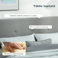 HOMCOM Cadru Pat Dublu 140x190 cm, Pat Dublu cu Spațiu de Depozitare, Tăblie Capitonață în Material Catifelat, Piston pe Gaz, Șipci din Lemn, Silențios, Montaj Ușor, Gri(m-6)