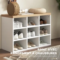 HOMCOM Ensemble meuble d'entrée 2-en-1 porte-manteau mural banc à chaussures 3 crochets et 9 niches 75x30x50cm blanc et chêne(m-5)