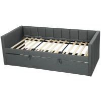HOMCOM Cadru Pat de O Persoană 90x190 cm, Canapea cu Al Doilea Pat Extensibil, Tăblie Căptușită, Cotiere, Șipci de Lemn de Plop, pentru Cameră, Sufragerie, Gri Închis(m-10)