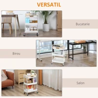 HOMCOM Masă de bucătărie cărucior de servire 2 rafturi sertar tavă aspect de lemn deschis oțel PP alb(m-7)