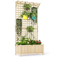 Outsunny Jardinieră cu Găuri de Drenaj, Ghiveci din Lemn cu Spalier pentru Plante Cățărătoare, pentru Cultivarea Legumelor, Florilor, Culoare Lemn Natural(m-11)