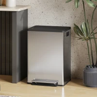 HOMCOM Poubelle à double compartiment 2 x 30L, poubelle cuisine à pédale, couvercle à fermeture douce, 47,5x37,5x67cm, argent(m-10)