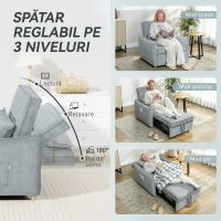 HOMCOM Fotoliu Extensibil 3 în 1 Pliabil, Spătar Reglabil pe 3 Poziții, Șezut Spațios, Pernă Detasabilă, Canapea Pat Transformabilă cu Roți, Buzunare Laterale, 88x84x87cm, Gri(m-5)