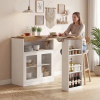 HOMCOM Masă de Bar Extensibilă și Rotativă 360° cu Rafturi Deschise și 2 Uși din Sticlă 150x80x105,5 cm Alb și Lemn Natural(m-2)