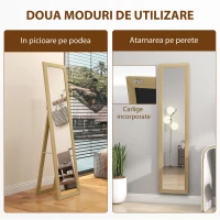 HOMCOM Oglindă cu Ramă din MDF, Picioare și Cârlige pentru Utilizare pe Podea sau pe Perete, 37x40x155 cm, Lemn Natural(m-5)