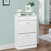 HOMCOM Armoire à Chaussures Meuble rangement Chaussures 2 Portes abattantes 2 Compartiments, tiroir, Plateau en Verre - Bois chêne Blanc(m-10)